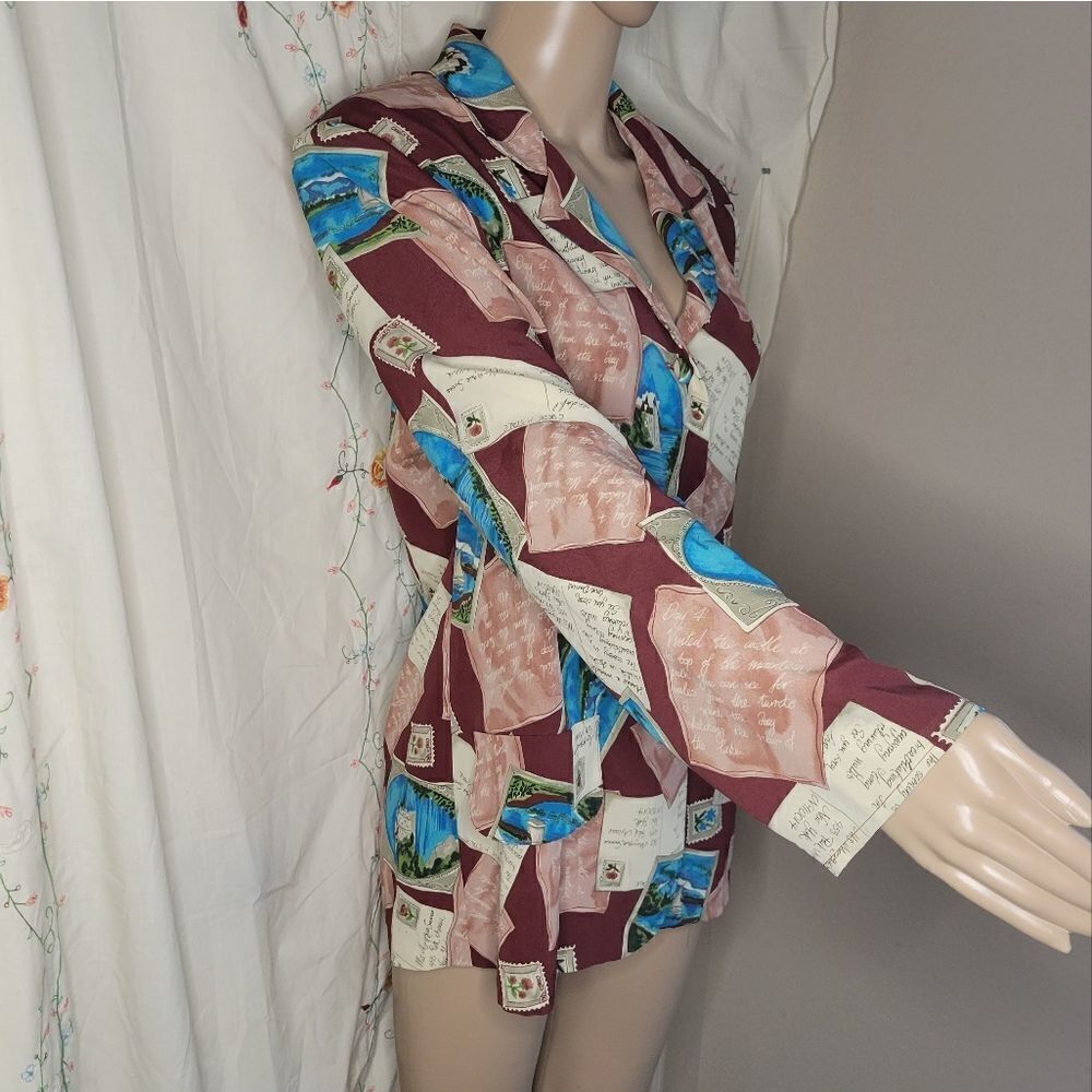 Maggie Sweet vintage retro button down light weight post card prin blazer. - Picture 8 of 12